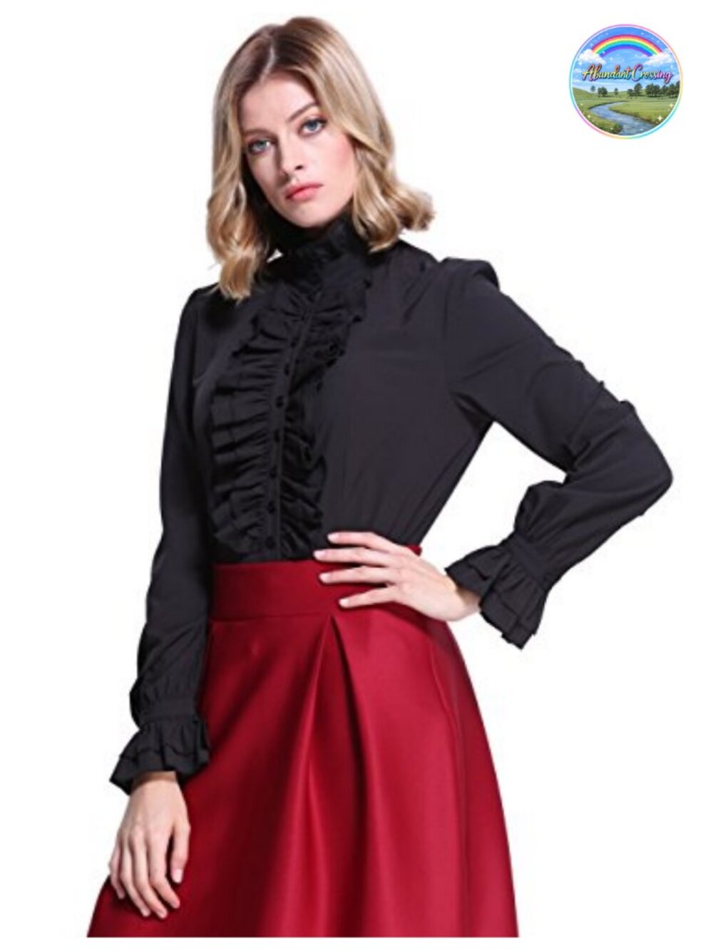 Victorian Blouse Stand-Up Collar Ruffle Ruffle Long Sleeve Button Down - Picture 4 of 6